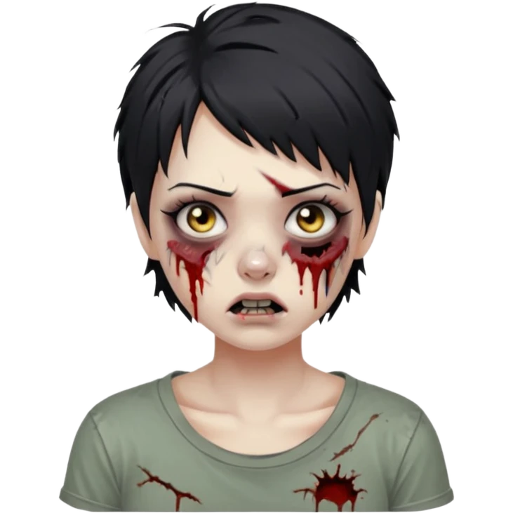 Zombie girl with messy black short hair in gray tshirt with lashes and torn cheek emoji