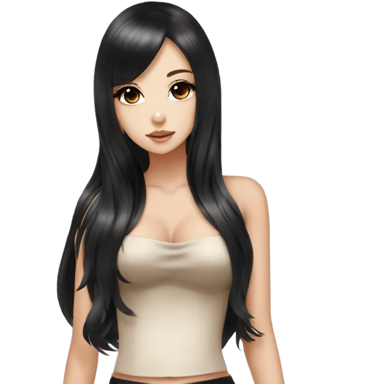 hime gyaru girl with LONG SILKY BLACK HAIR, with black satin halter top with chest, very pale skin and pretty brown monolid eyes emoji
