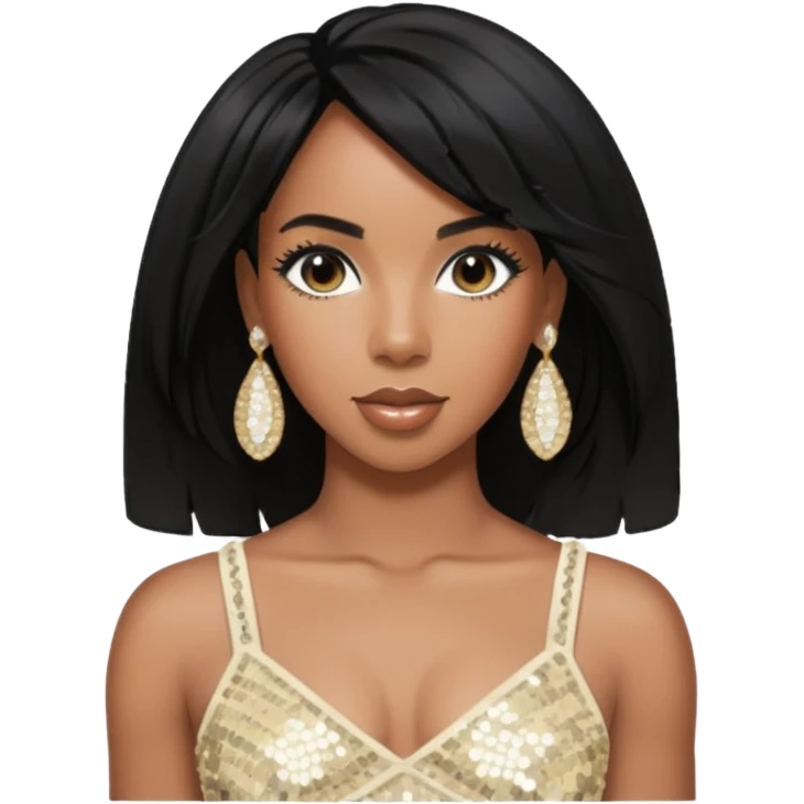 Kelly Rowland with black hair, ivory sequin crop top, ivory earring emoji