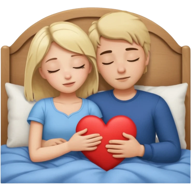 cuddling in bed, asleep. blonde girl. brunette man. eyes closed. heart between them. no headboard emoji