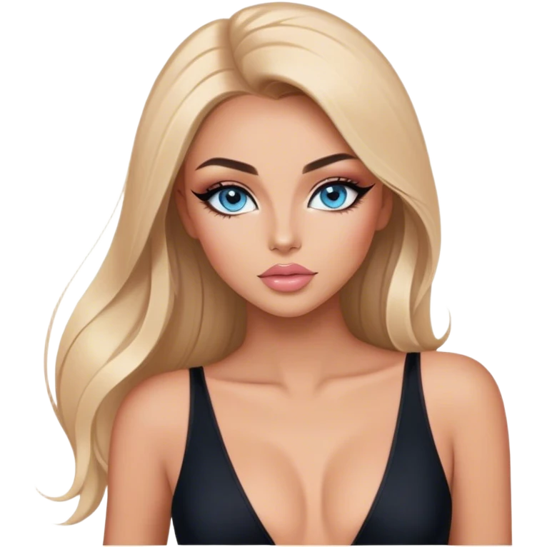 Glamours, tanned, beautiful, girl, with blue eyes, big pump peach-beige-rose lips, eyeliner, long lashes, black straight smooth silky long hair, parting hair in the middle,  in black v-neck bodysuit emoji