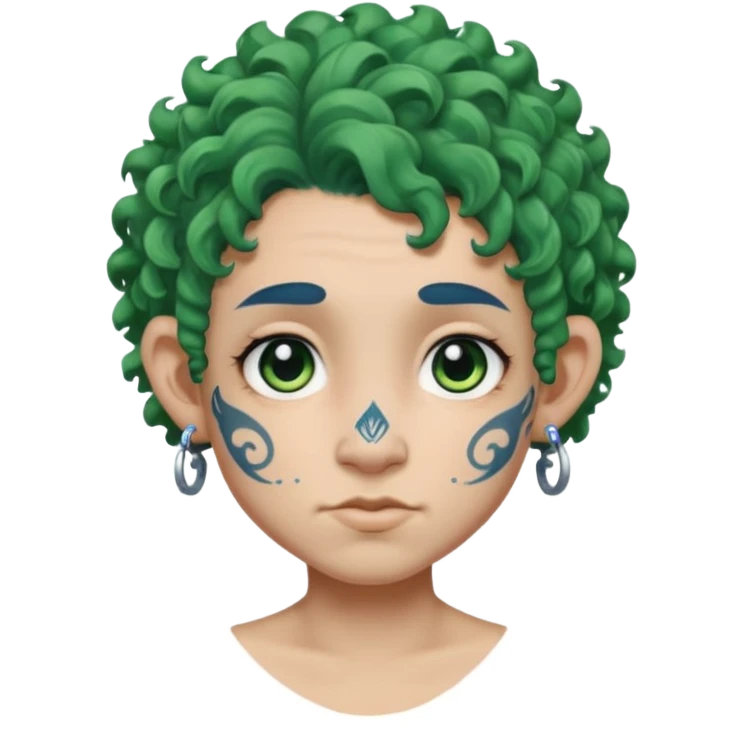 green curly  haired heavy blue tattooed big head accessory big nose mid size ear young emoji