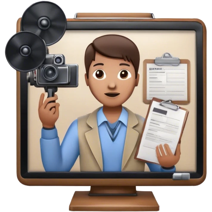 Icon for Documentary Film: A TV show-style design with a large screen displaying a documentary scene. Include papers, a clipboard, and files scattered around, along with a microphone and camera. The design should evoke a news or investigative TV program vibe. Transparent background. emoji