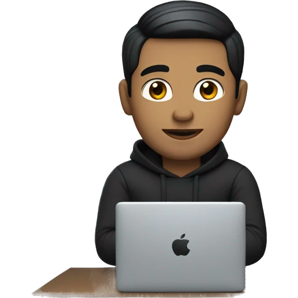 memoji of a man with a laptop in front, apple-style,modern,fair white skin,black hair,black sweater,computer in hand,sitting on his desk emoji
