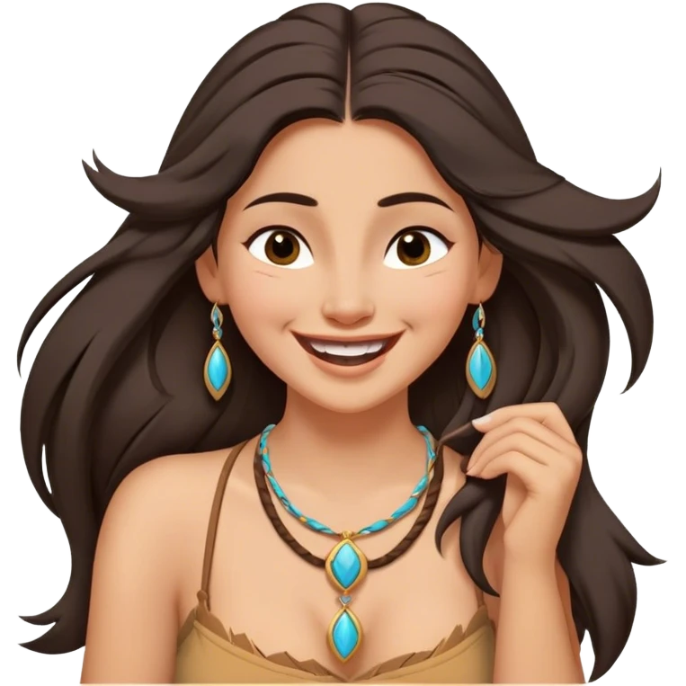 Cinematic Adorable Pocahontas Portrait Emoji, Laughing softly as Meeko tugs at her necklace, hair tousled in the wind, eyes full of warmth, a carefree spirit shining through, capturing the essence of beauty and playfulness! emoji