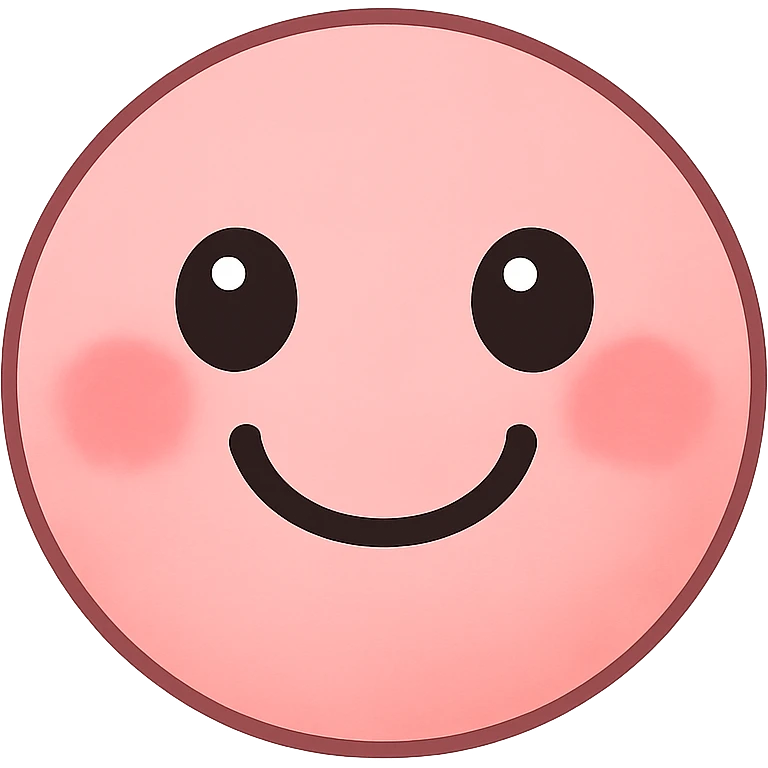a cute pink smiley face emoji, round, big eyes, blushing cheeks, cheerful emoji