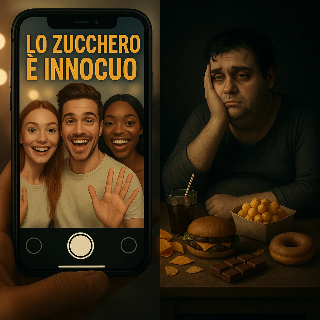 Split scene: social media side with smiling influencers promoting sugar as harmless, bright background and filters, Italian text 'LO ZUCCHERO È INNOCUO'; opposite side, a tired and overweight person surrounded by snacks and sugary drinks, dark and sad environment. Visual metaphor, dual lighting, 4K quality. emoji