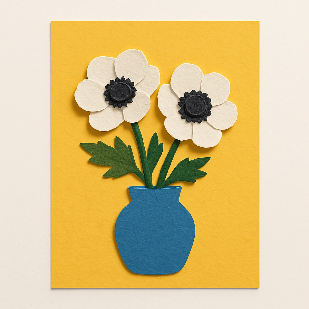 bouquet of white and black anemone flowers in a blue ceramic vase, yellow background emoji