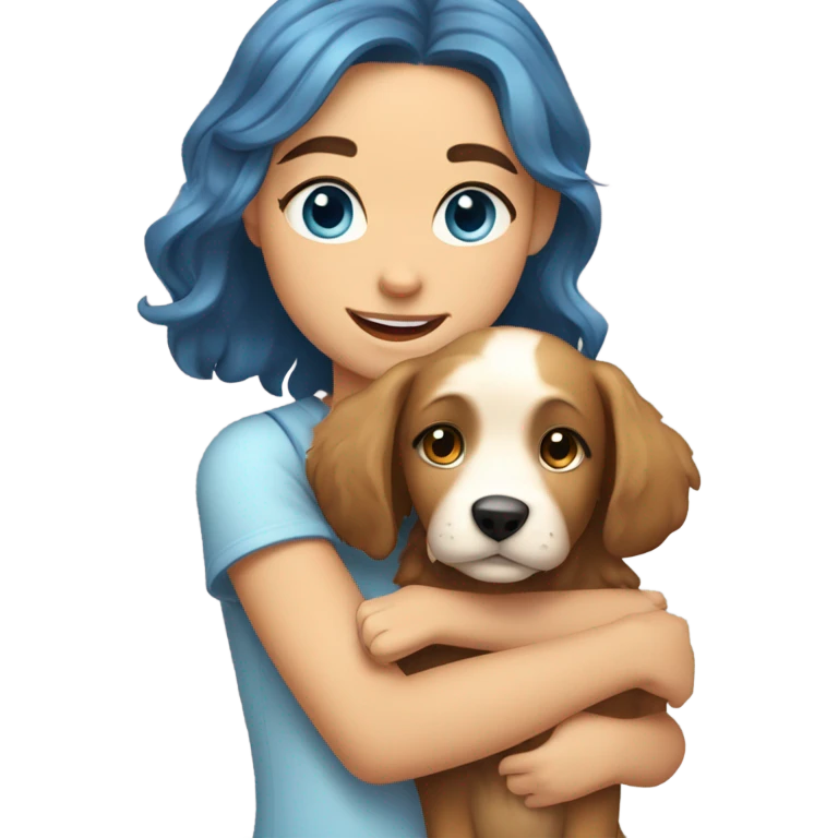 Please create a girl who hugs her pet doggie. The girl has a cute face and so does the doggie. The girl has light skin, blue eyes and light wavy long hair. emoji
