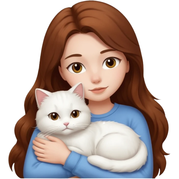 White girl with long brown hair snuggling fluffy white cat emoji