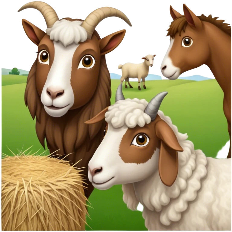 Icon for Domestic Hooved Animals: A gentle collage featuring a brown goat with large, curious eyes, a calm sheep with soft wool, and a majestic horse with a flowing mane. Background with a green pasture and a few hay bales. Transparent background. emoji