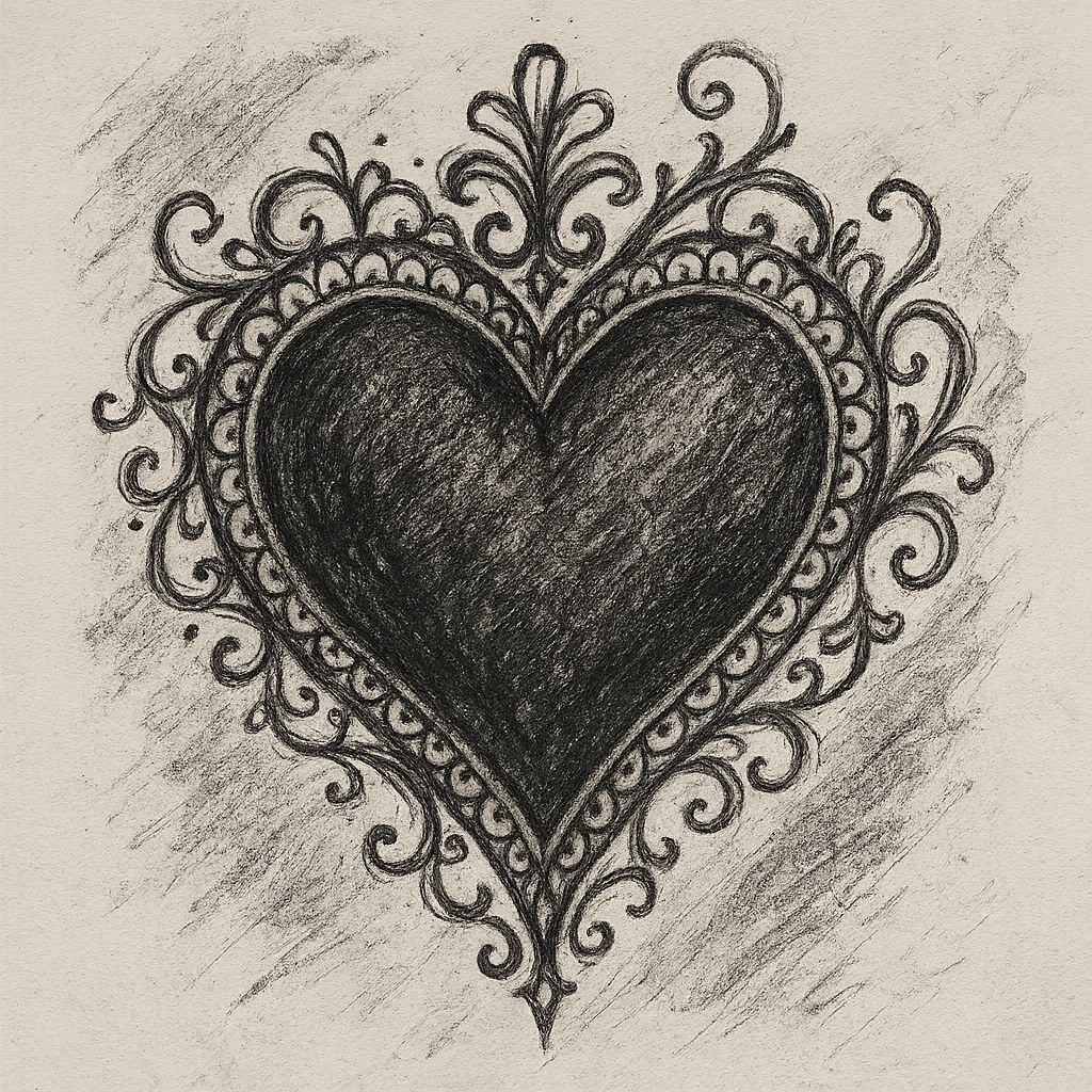 gothic heart with lace border, ornate, dark, elegant, pencil sketch style emoji