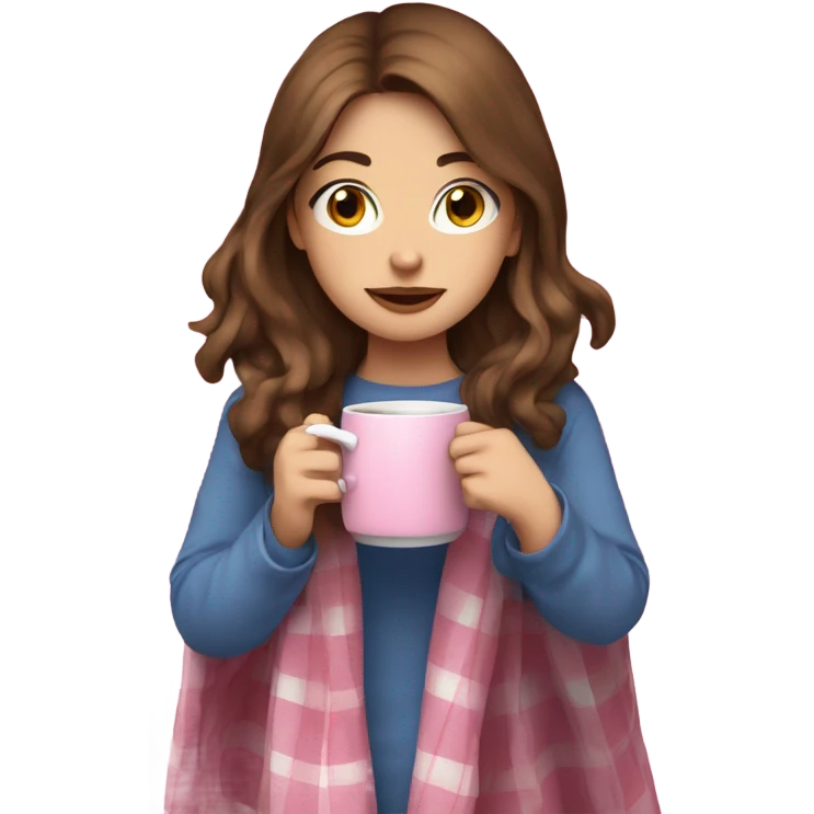 Girl with brown hair and blue eyes sipping on a tea wrapped in a pink plaid blanket  emoji