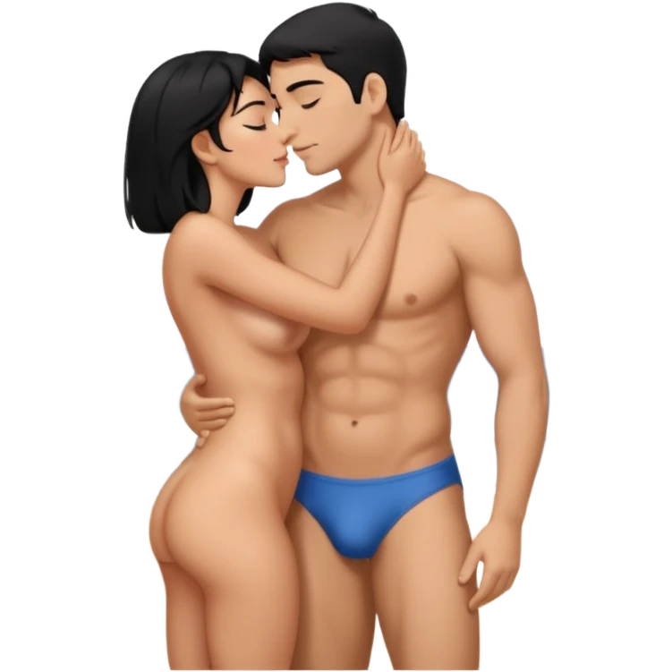 Девушка и мужчина голые лежат на пляже в обнимку, она большие сиски, большая жопа, черные волосы. Он средного телосложения, волосы короткие. Они голые целуется. Видны все тело emoji