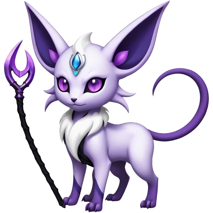 Shiny Exotic Badass Mystical Mysterious Gothic Espeon-Absol-Pokémon-Fakémon-hybrid-creature (full body) with a scythe-shaped-tail emoji