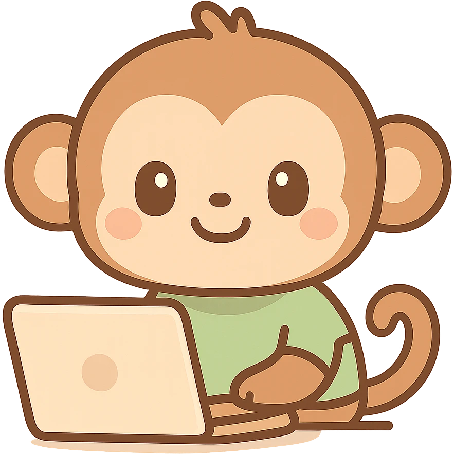 cute cartoon monkey using a laptop, smiling, wearing a green shirt emoji