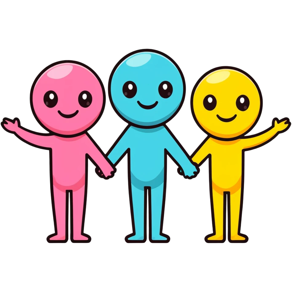 Three smiling characters standing together with complementary personality traits symbolized by different colored auras that blend harmoniously emoji