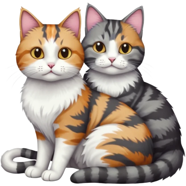 full body colourful light patched calico + white tabby cat cuddling a bigger cat that is dark grey and white tabby cat  emoji