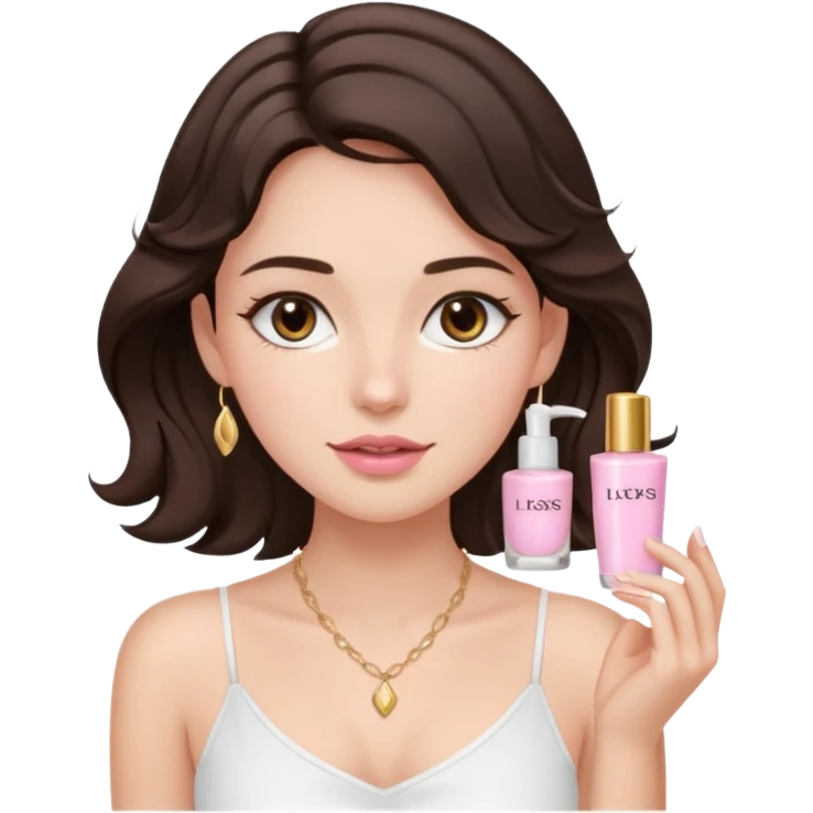 generate a pretty fair bratz girl with dark brown eyes. Dark brown hair wavy hair. light pink lipgloss. white cami top. doing skincare. Dainty gold necklace emoji