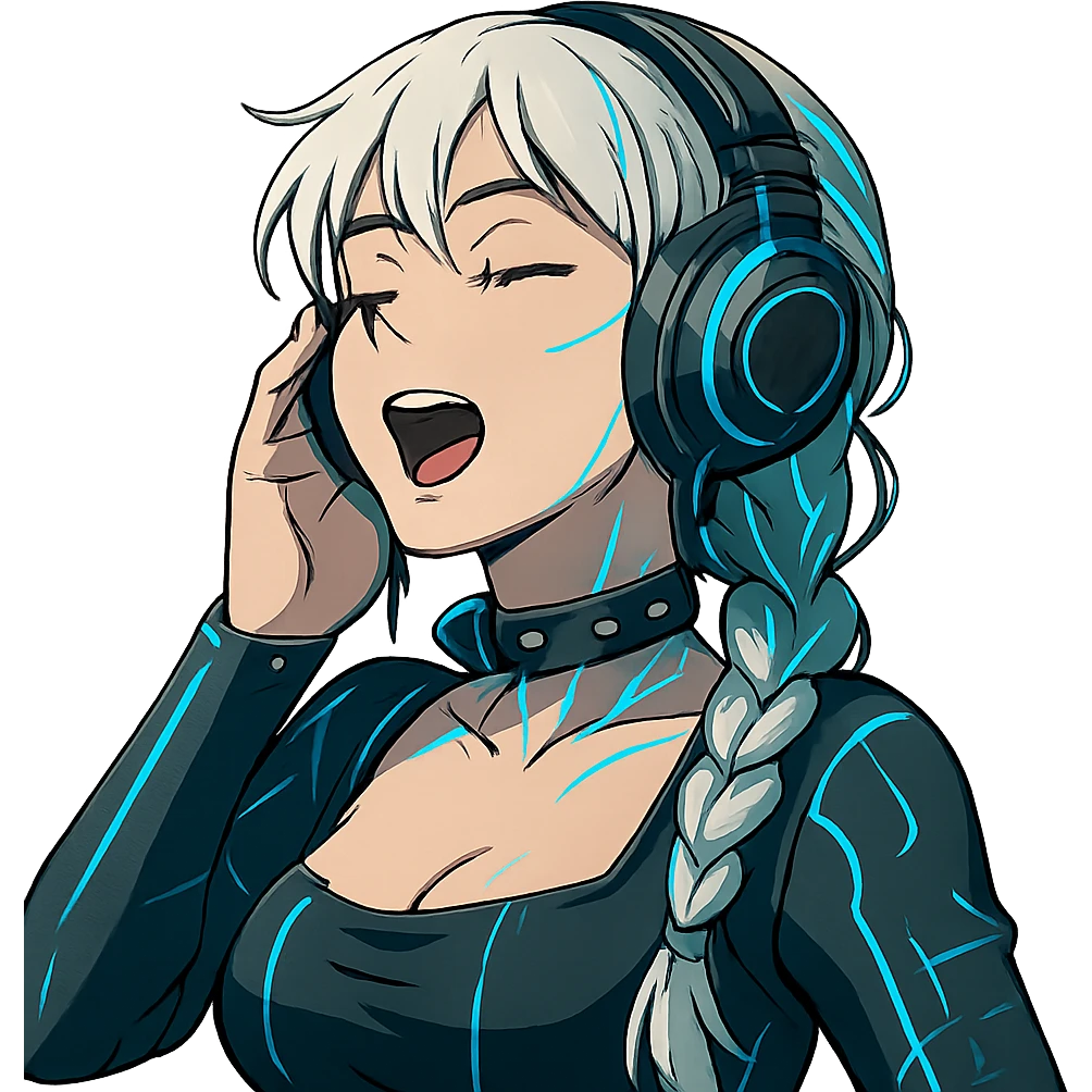 she is listening to music in headphones and JAMMIN!, a closeup portrait of young woman with gold yellow eyes, white hair, long braid, black off-shoulder top d-cup, punk gothic style, futuristic cyberwave cyberpunk,  eyes closed, singing, one hand on the headset emoji