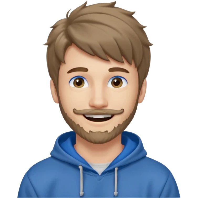 20 year old man, short scruffy beard and thin moustache, brown puffy mullet, blue eyes, big smile, white teeth, big lips, pronounced jaw, hair longer in back, sticking up on top, thin face, grey hooded sweatshirt, pale skin, big smile, blue eyes, puffy hair that is long in back emoji