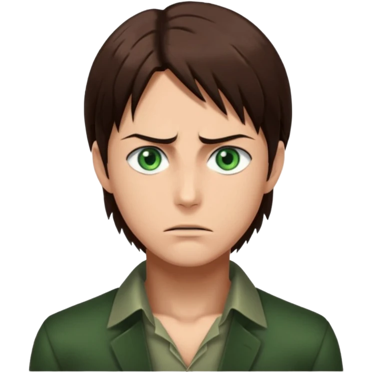 “Create an avatar that looks like Eren Yeager from Attack on Titan, Season 4 — sharp jawline, tied-back long brown hair, intense green eyes. emoji
