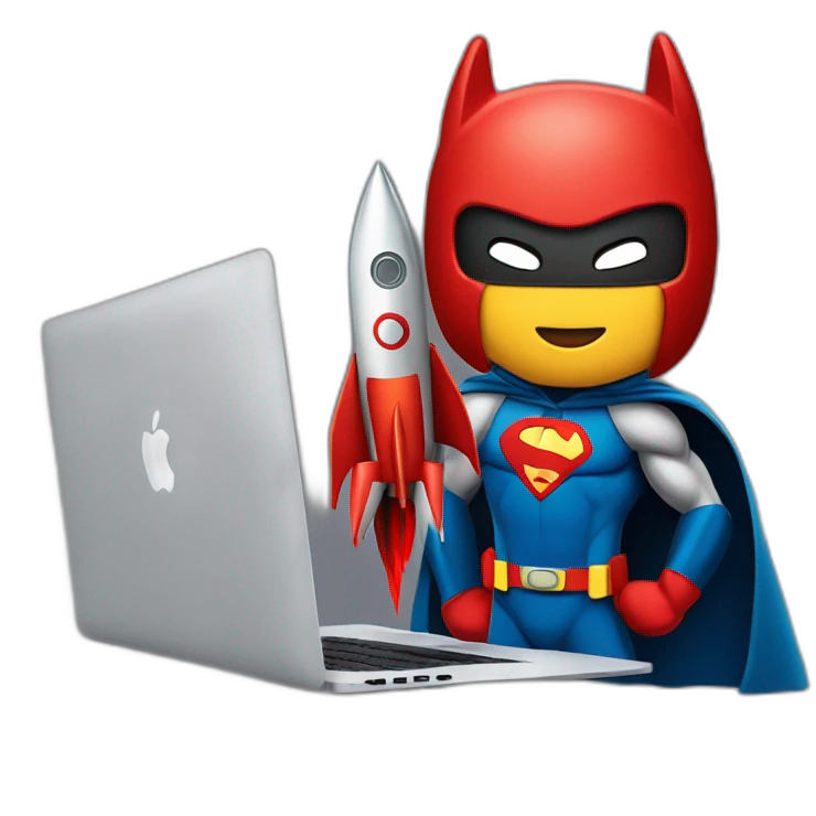 superhero with a rocket emblem sitting in front of his MacBook also with a rocket instead of an apple as the logo emoji