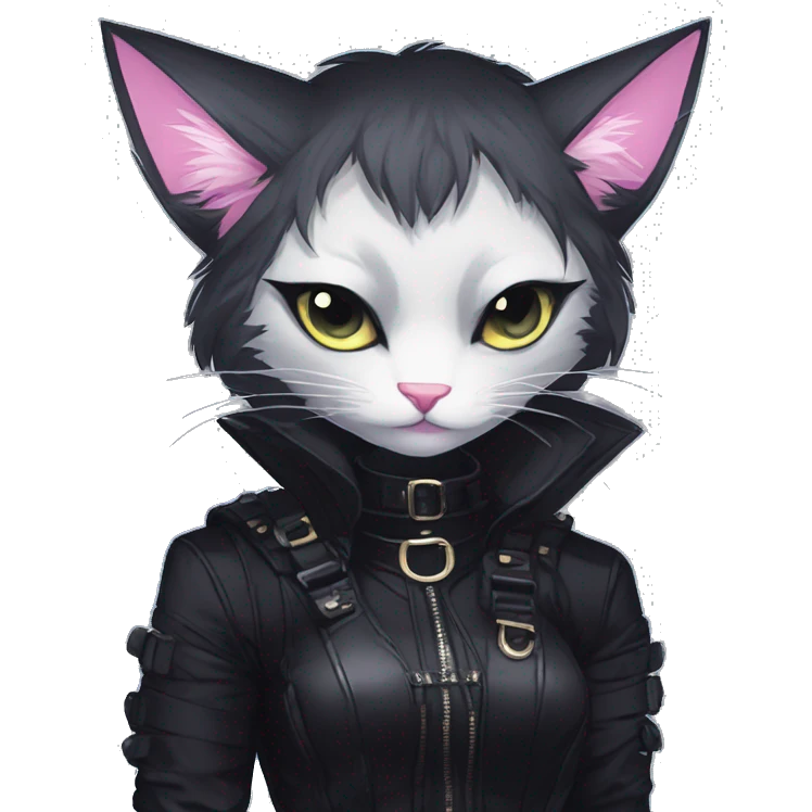 Gorgeous furry gothic dark techwear anime style anthro black cat furry with blushing face aesthetic and pretty edgy black with collar and harness trending style emoji