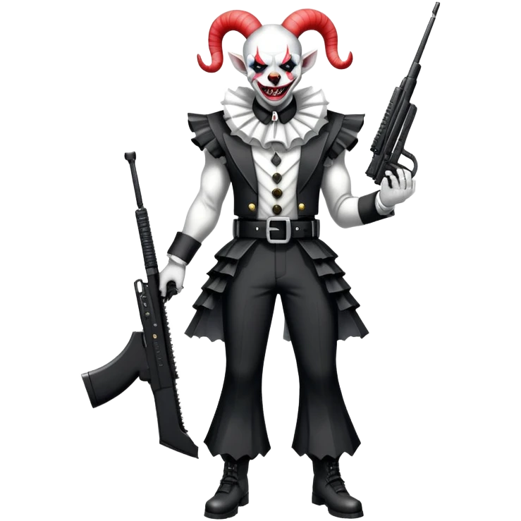 full-body muscular demonic clown, battle-ready, black and white leisure suit with bellbottom pants, bald, black ram horns, flashy black and white belt, ruffled white shirt, no neck tie, large fangs, holding very large futuristic rifle emoji