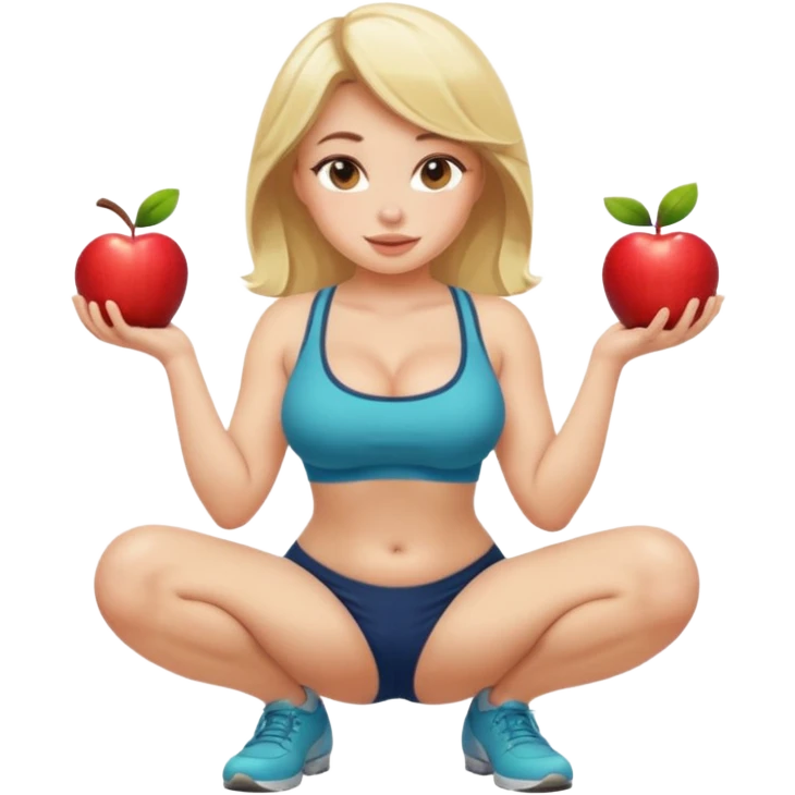 buxom blonde woman, front view, squatting and sitting, playful pose, SFW, no nudity, apple emoji style emoji