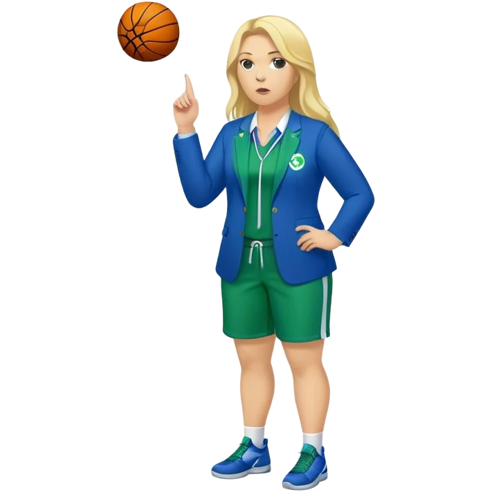 Full Body white plus size female basketball head coach with whistle with long blonde hair in a blue and green suit emoji