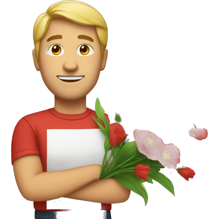 white man have red teeshirt and have a flowers emoji