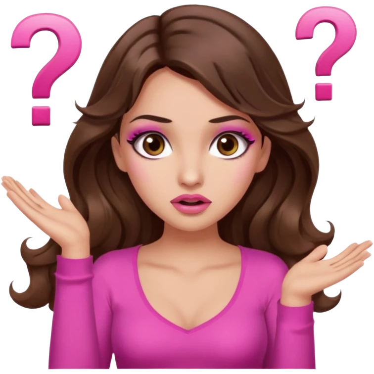 girl with long wavy brown hair, brown eyes, long lashes makeup, sexy pink lips, light to medium complexion, pink sexy top,, shrugging with both hands, confused, question mark emoji