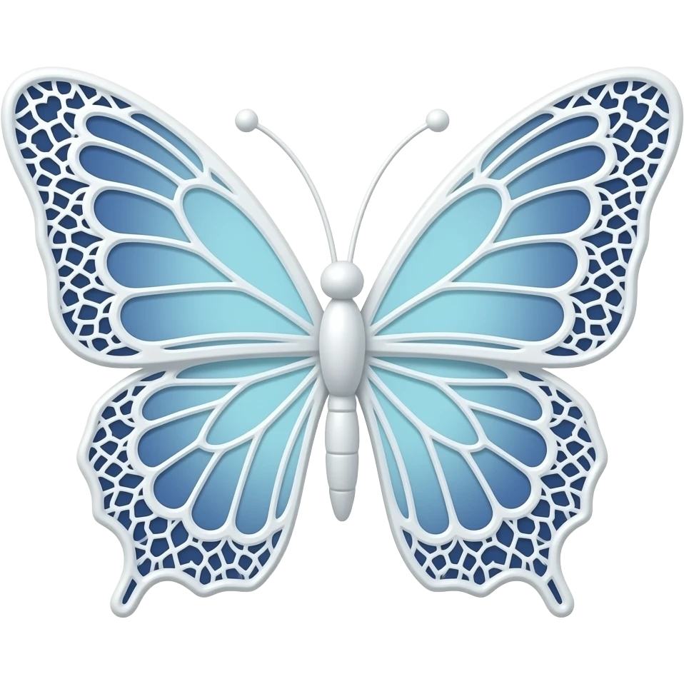 3D emoji gothic butterfly, white blue soft, subtle blue gradient white filigree, subtle gradient blue lace trim,, elegant emoji