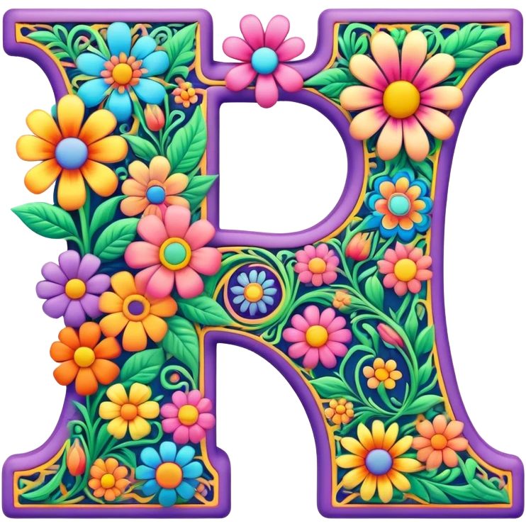 3D, gothic style psychedelic colored Letter Y with hippie style flower border emoji