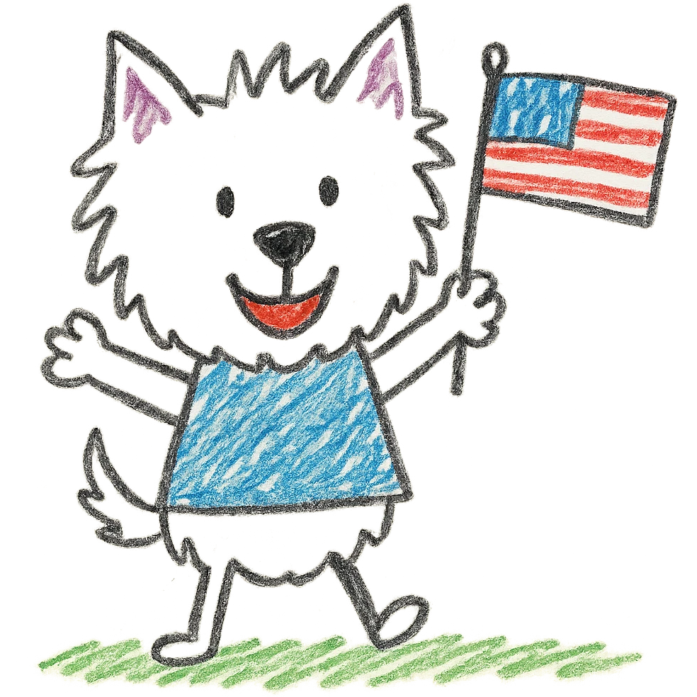 happy Westie dog waving a small US flag, children’s doodle cartoon style emoji