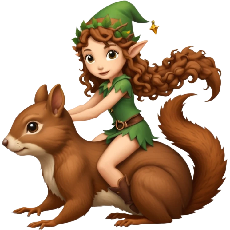tiny forest elf long curly brown hair tattoos riding squirrel emoji