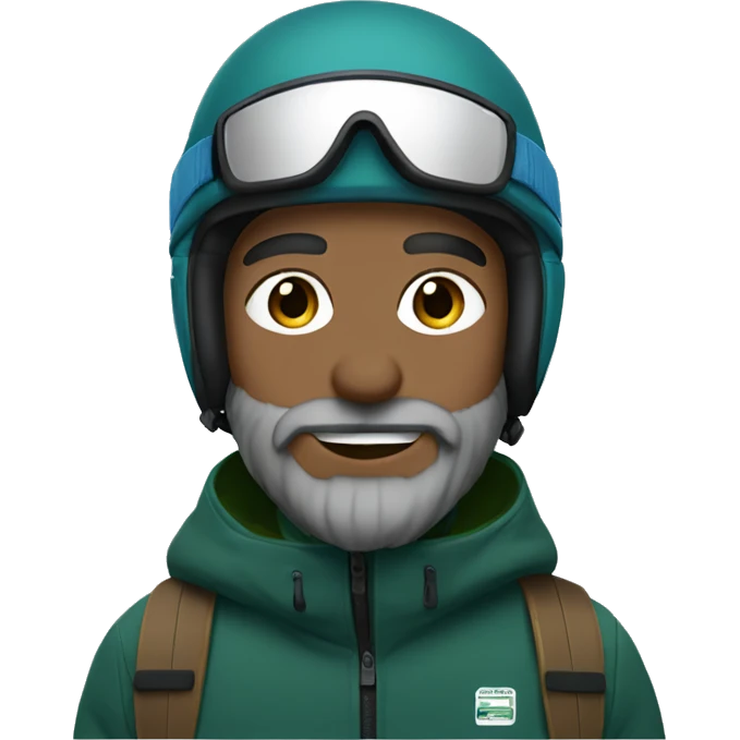 Snowboarder, black helmet, blue eyes, grey beard, dark green jacket emoji