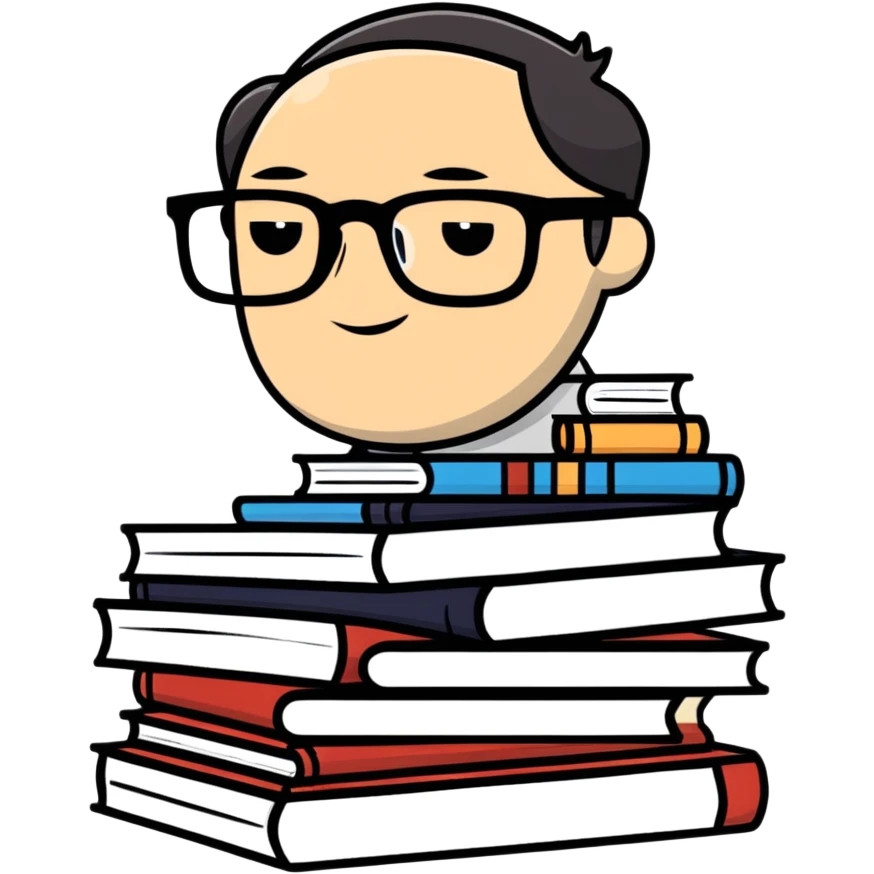 cartoon sticker of an intellectual person with glasses and a stack of books emoji
