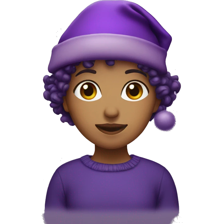 Girl with short curly hair and a purple Christmas’s hat emoji