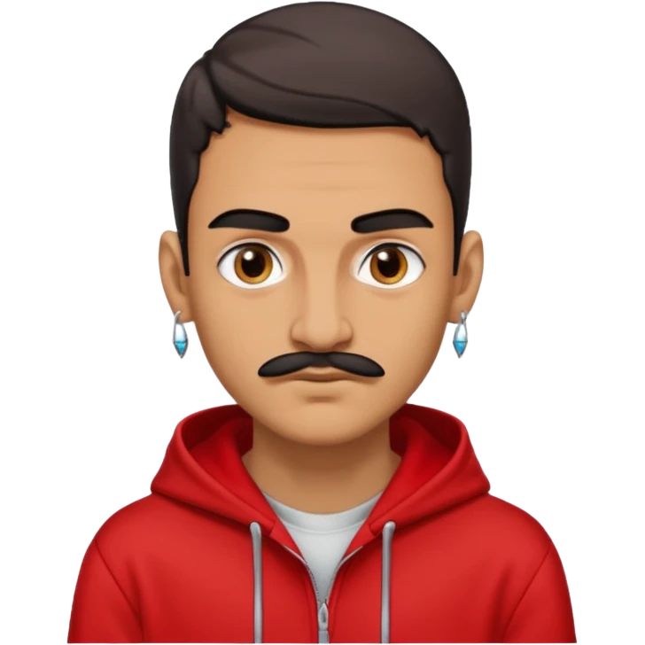 Man with thick eyebrows slit on the right with a long nose, then lips, small mustache earrings, red hoodie with graffiti emoji