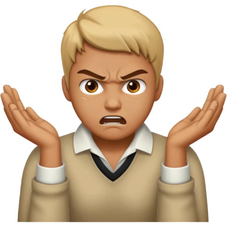 a bust of a person with both their hands around their neck with a angry face emoji