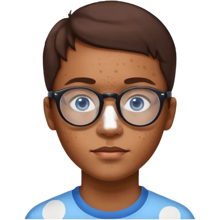 vitiligo emoji, with vitiligo spots around eyes and on the chin. brown hair, blue eyes, wearing glasses  emoji
