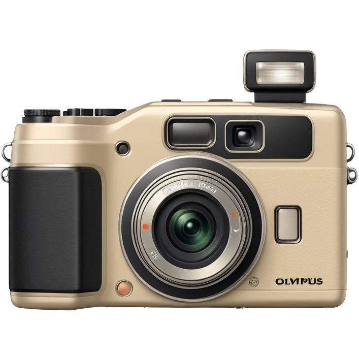 Olympus Superzoom 70G camera, grayish-beige color, accurate representation with correct proportions and silhouette, compact rectangular body with rounded edges, small viewfinder, built-in flash unit on top, lens with zoom functionality, exactly matching the real Olympus Superzoom 70G design emoji