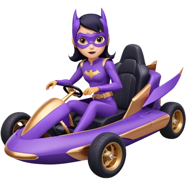 Hot full size real-appearance retro electric racing action BatGirl’s Lego feminine midnight-purple tight outfit sixty’s tv show 1992 stealthy retro sporty safe plush petite off-road pursuit hovering hover cruiser car rose gold accents (black hair,reclined and relaxed seating position) go kart  emoji