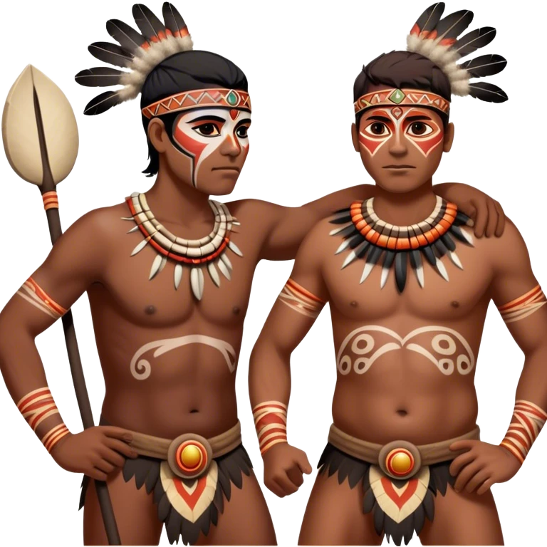 Cinematic Realistic scene of two indigenous male aboriginals performing an Aboriginal Corroboree, adorned in traditional body paint, A corroboree is an Australian Aboriginal ceremonial meeting. It usually includes celebration of Aboriginal mythology and spirituality, which is based in the Dreaming emoji