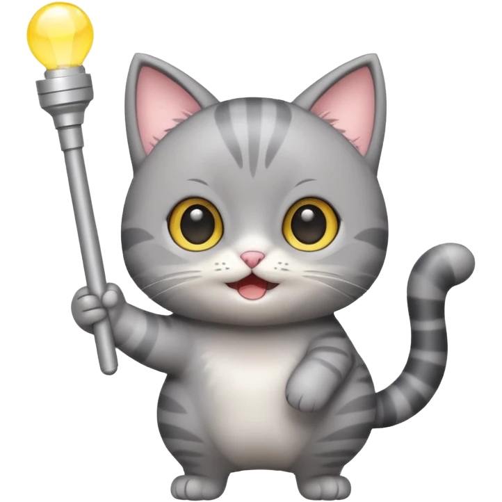 chibi cute gray cat waving holding a light stick emoji