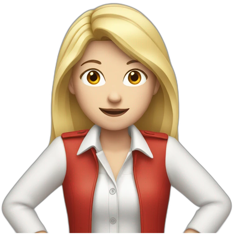 Young white woman, wearing white shirt and red jacket, both hands up  emoji