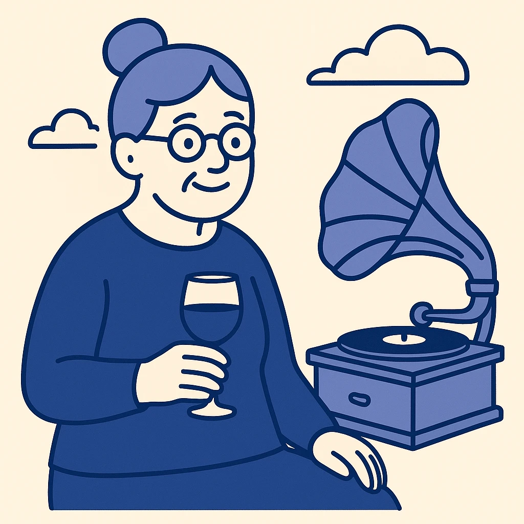 old lady with wineglass listening to gramophone emoji