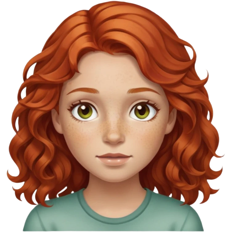 girl with freckles and hazel green eyes and wavy red hair mixed with light brown emoji